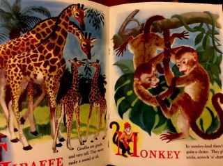 AT THE ZOO 1940 ' s Children ' s Linen Story Picture Book Animals Lithographs 4