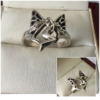 Vintage Jewellery Art Nouveau Silver 925 Plique A Jour Winged Lady Fairy Ring Q