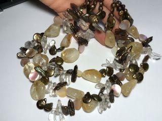 Vtg Huge Chunky Real Chocolate Coin Pearl Rock Crystal Quartz Beaded Necklace