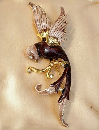 Vintage Art Deco Jewellery Bird Of Paradise Enamel & Rhinestone Gold Brooch Pin