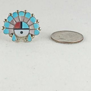 Vintage Signed Zuni Sterling Silver And Turquoise Sun Face Ring From Estate