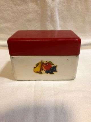 Vintage Recipe Box Metal Tin Retro Kitchen Red & White W/ Pear,  Apple And Grapes