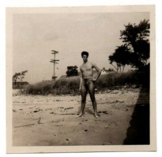 Good Looking Shirtless Man Leopard Print Swimsuit Beach Vintage Snapshot Photo