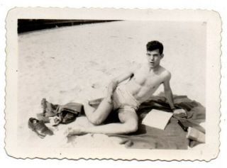 Good Looking Shirtless Man Laying Out Towel Beach Scene Vintage Snapshot Photo