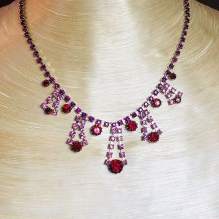 Vtg Art Deco Crystal Rhinestone Necklace Choker Ruby Red Pink Czech