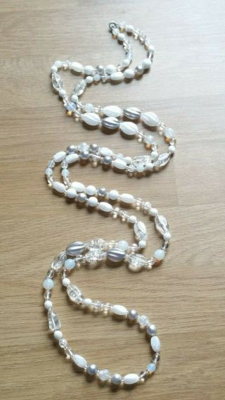Czech Vintage Crackle Moonstone And Satin Glass Bead Flapper Necklace 2