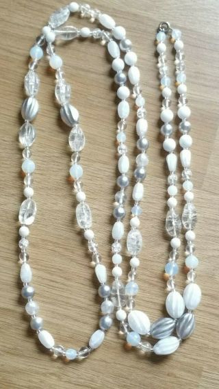 Czech Vintage Crackle Moonstone And Satin Glass Bead Flapper Necklace 3