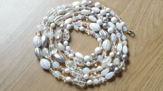 Czech Vintage Crackle Moonstone And Satin Glass Bead Flapper Necklace 4