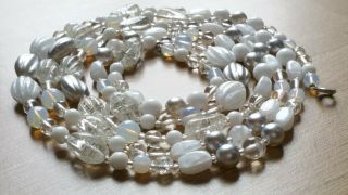 Czech Vintage Crackle Moonstone And Satin Glass Bead Flapper Necklace 5