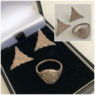 Vintage Jewellery Scottish 925 Silver Celtic Knot Ring & Earrings 6.  2g