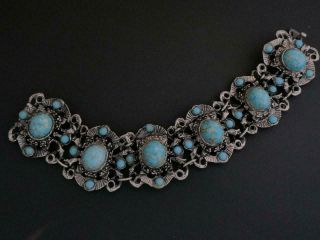 Vintage - Wide Silvertone & Glass Faux Turquoise Cabochon Bracelet