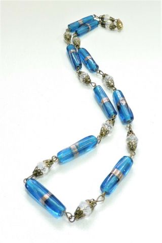 Vintage Aqua Blue And Gold Lampwork Art Glass Bead Necklace Jn19319
