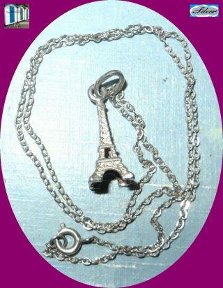 Vintage 1950s French Silver Eiffel Tower Pendant 16 " Sterling Chain