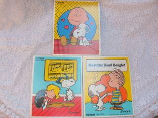 3 Vintage Playskool Wooden Puzzles 1958 Featuring Snoopy Peanuts And Friends