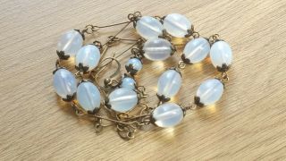 Czech Oval Moonstone Glass Bead Necklace/earrings Set Vintage Deco Style