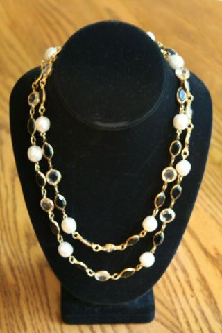 Vintage Clear Crystal & Black Bezel Set With Faux Pearl Gold Tone Long Necklace