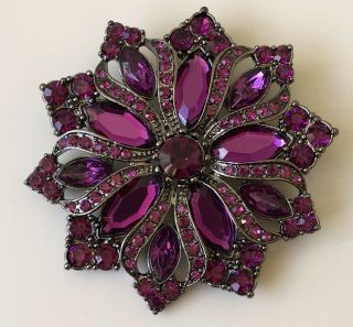 Vintage Purple Flower Brooch In Pewter Tone Metal
