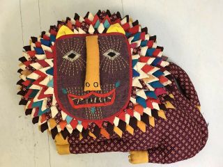 Vtg Hand Crafted Lion Pillow Ethnic African Fabric Embroidered Face 3 - D Mane