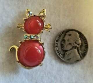 Vintage Little Jelly Belly Kitty Cat Pin With Ab Rhinestone Ears And Collar