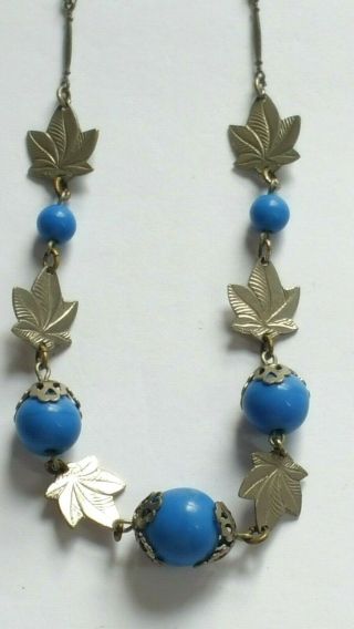 Czech Vintage Art Deco Blue Glass Bead And Silver Metal Leaf Necklace