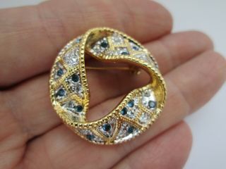 Vintage Jewellery Seed Sapphire Clear Rhinestone Gold Tone Ribbon Brooch Pin