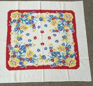 Vintage Printed Tablecloth Gorgeous Yellow Blue Red Flowers 36”x35 "