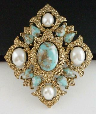 Lovely Vintage Sarah Coventry Pin Brooch & Pendant W/aqua Cabs & Faux Pearls