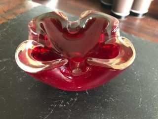 Murano Glass Ruby Red & Clear Solid Glass Vintage Ashtray/trinkets