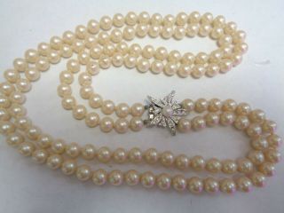 Vintage Rhinestone Clasp Multi Strand Hand Knot Faux Pearl Glass Beaded Necklace