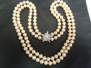Vintage Rhinestone Clasp Multi Strand Hand Knot Faux Pearl GLASS Beaded Necklace 2