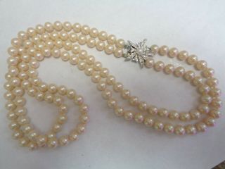 Vintage Rhinestone Clasp Multi Strand Hand Knot Faux Pearl GLASS Beaded Necklace 4