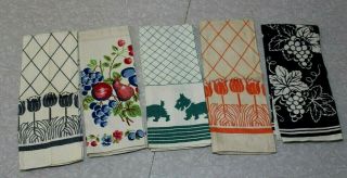 5 Vtg Linen Print Kitchen Towels Scotty Terrier Dog.  Basket Weave Tulips Fruit