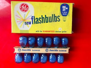 Vintage General Electric Flashbulbs M2b Box Set 12 Rhenium Blue Bulbs