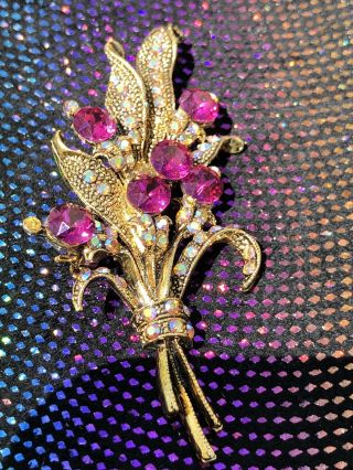 Stunning Vintage Fuschia Pink And Aurora Borealis Rhinestone Flower Brooch Pin