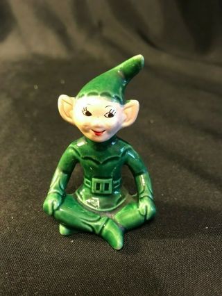 Vtg Treasure Craft Christmas Green Pixie Elf Ceramic Figurine 1950s Cross Legged