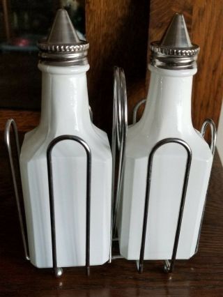 Vintage Gemco Oil & Vinegar Cruet Set Farmhouse White Glass Bottles W/carrier
