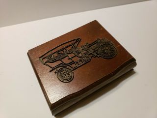 Vintage 1986 Brass Model T Wooden Playing Card Box With Two Decks Of Cards