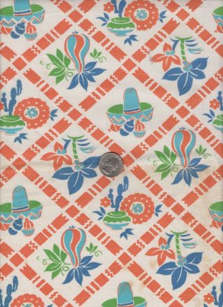 Vintage Feedsack Orange Blue Green Mexican Feed Sack Quilt Sewing Fabric 41 X 27