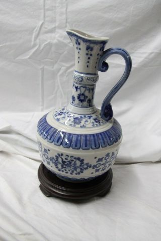 Vintage Chinese Blue/white Porcelain Pitcher W/ Wooden Base.  No Box Or.