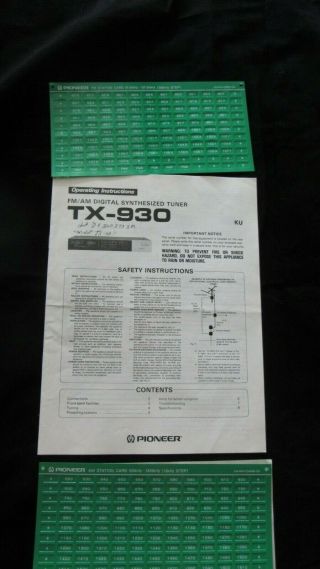 Pioneer Tx - 930 Tuner Operating Instructions And Am Fm Station Cards