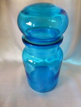 Vintage Made In Belgium Blue Glass Apothecary Jar Container W/bubble Lid 7 " Tall