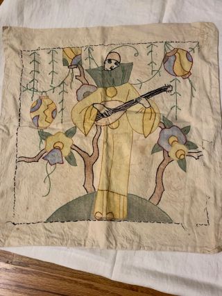 Vintage Embroidered Tinted Vogart Pillow Cover Art Deco Pierrot Clown