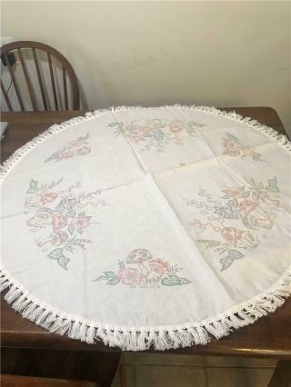 Vintage Color Stamped Tablecloth Embroidery Or Textile Paint Mushrooms 36” Round