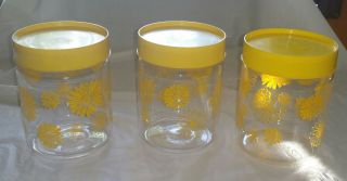 3 Vintage Corning Brand Glass Daisy Flower Canisters With Yellow Seal Lid