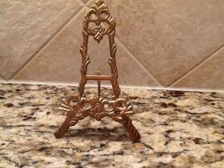 Vintage Small Brass Ornate Solid Display Easel Picture Plate Stand Table Top