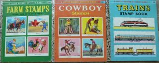 3 Vintage Little Golden Activity Books Cowboy Stamps,  Trains Stamp Book,  Farm