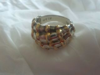VINTAGE 925 STERLING SILVER RING WITH GOLD TONE PATTERN SIGNED GPT SIZE 8.  75 2