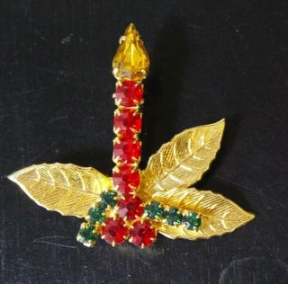 Vintage Gold Tone Red,  Green,  Yellow Rhinestone Christmas Candle Pin Brooch