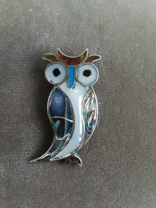 Vintage Sterling Silver Taxco Signed Owl Pin Brooch Pendant Abalone Inlay