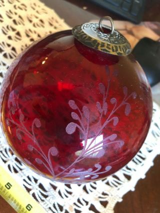 Vintage Kugel Midwest Large Clear Etched Cranberry Large Glass Ornament
